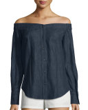 Kacy Reversible Chambray Off-the-Shoulder Tunic, Indigo