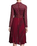 Medallion-Lace Midi Dress w/Plissé Skirt, Burgundy
