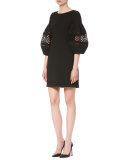 Crochet-Inset 3/4-Sleeve Shift Dress, Black