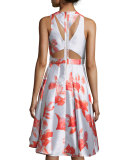 Sleeveless Floral Jacquard Cut-Out Back High-Low Dress