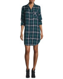 Bianca Plaid Long-Sleeve Shirtdress, Forest/Navy/White