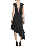 Cap-Sleeve Asymmetric Midi Dress, Black
