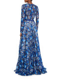 Long-Sleeve Scalloped Lace Gown, Royal Blue