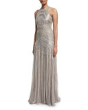 Sleeveless Metallic-Embellished Gown, Gray/Silver
