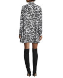 Long-Sleeve Floral Silk Tie-Neck Mini Dress, Ivory