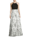 Sleeveless Ponte & Rose Crepe Gown, White/Black