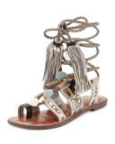 Gretchen Embroidered Lace-Up Flat Sandal, Multi