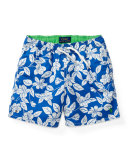 Floral Swim Trunks, Blue, Size 5-7