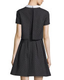 Short-Sleeve Collared Jacquard Popover Cocktail Dress 