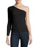 Amanda One-Shoulder Ribbed Stretch Top, Black