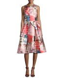 Sleeveless Metallic Printed Gazar Cocktail Dress