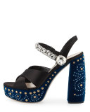 Velvet Jeweled-Strap Sandal, Nero/Cobalto