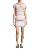 Short-Sleeve Split-Neck Striped Sheath Dress