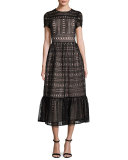short-sleeve lace midi dress, black