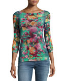 Floral-Print Illusion-Shoulder Tulle Top, Blue Pattern