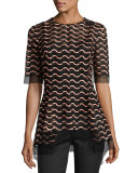 Wave Lace Flared-Hem Top, Shell/Black