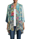 Mixed-Print Tie-Front Silk Kimono 