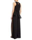 Sleeveless Mesh-Trim Crepe Top, Black