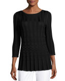 Checkered Bateau-Neck 3/4-Sleeve Top, Black