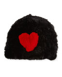 Heart Rabbit Fur Beanie, Black/Red