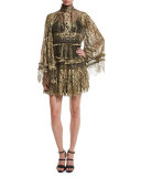 Tiered Lace Bell-Sleeve Mini Dress, Gold