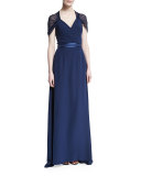 Short-Sleeve Butterfly-Back Gown, Navy