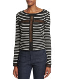 Striped Lace-Inset Long-Sleeve Top