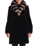 Chinchilla-Collar Belted Mink Stroller Coat