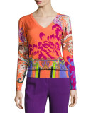 Stampa Paisley V-Neck Sweater, Orange/Purple