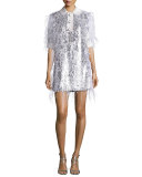 Ostrich-Feather Half-Sleeve Shirtdress, White/Suntan