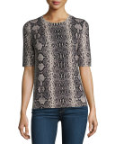 Snakeskin-Print Short-Sleeve Sweater, Pink Champagne