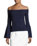 Selena Off-the-Shoulder Bell-Sleeve Knit Top, Navy