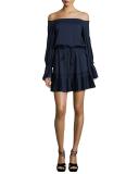 Rylan Pleated Off-the-Shoulder Dress, Navy Blue