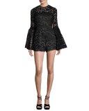 Lace Bell-Sleeve Romper, Black