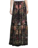 Galaxy Garden-Print Tiered Maxi Skirt, Red/Black