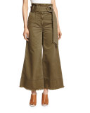 Serge Belted Wide-Leg Cropped Trousers, Olive