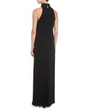 Sleeveless Turtleneck Silk Gown, Black