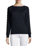 Long-Sleeve Embellished Lace Crewneck Sweater