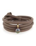 Convertible Leather Wrap Bracelet/Choker with Pearl Charm, Taupe