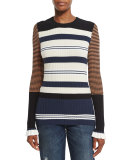 Mixed-Stripe Crewneck Sweater, Harvest White/Multicolor