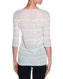 Striped 3/4-Sleeve Scoop-Neck Sweater, Light Blue/White