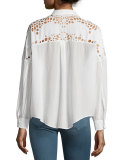 Ornella Long-Sleeve Netted-Trim Top, Ecru