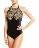 Velvet High-Neck One-Piece Swimsuit