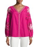 Theresa Hibiscus-Embroidered Cotton Tunic, Bright Pink