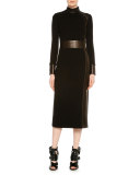 Long-Sleeve Combo Midi Sheath Dress, Black