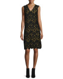 Chenille Lace Sleeveless Sheath Dress, Black/Ochre