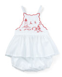 Embroidered Cross-Back Batiste Top w/ Bloomers, White, Size 9-24 Months