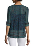 Chantal Half-Sleeve Printed Crinkle-Chiffon Blouse, Cricket