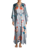 V-Neck Floral-Print Long Satin Wrap Robe, Silver