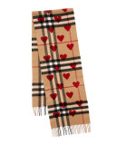 Cashmere Heart and Check Print Scarf, Brown/Red